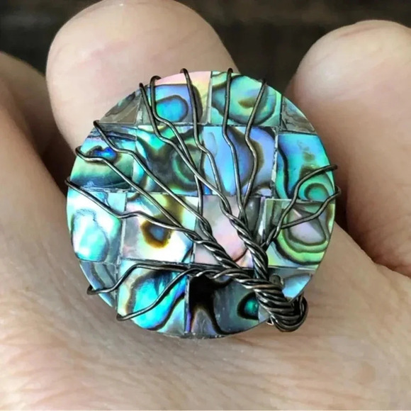 Handmade Abalone Round Circle Brass Tone Adjustable Free Size Tree of Life Ring - Picture 4 of 4